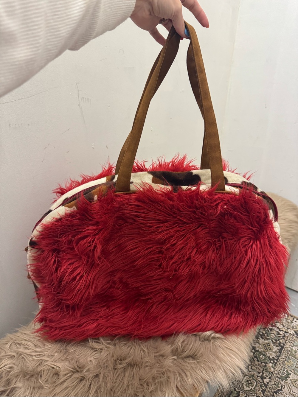Atenti Red Faux Fur Tote Bag with Brown Handles